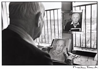 MARTINE FRANCK (1938-2012) Portrait of Henri Cartier-Bresson drawing, rue de Rivoli.